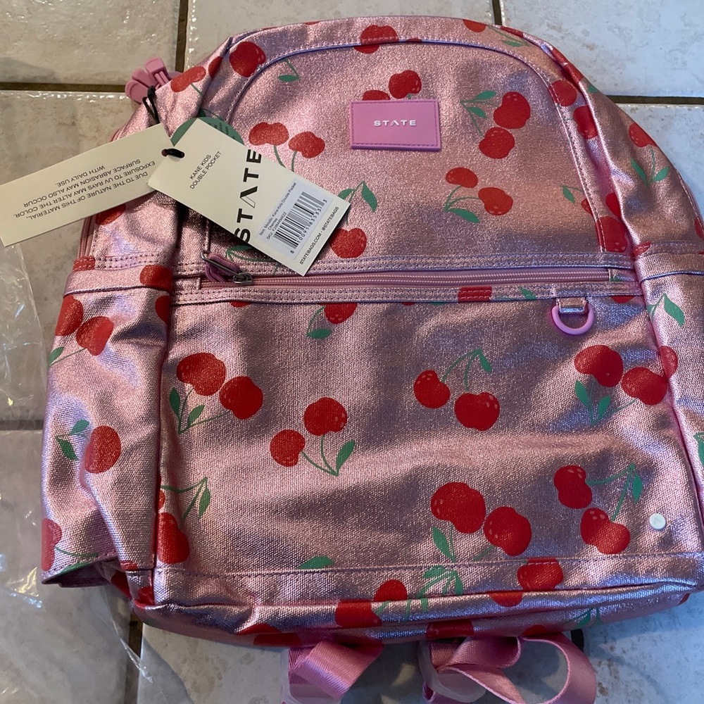 STATE BAGS KANE KIDS DOUBLE POCKET BACKPACK IN METALLIC CHERRIES